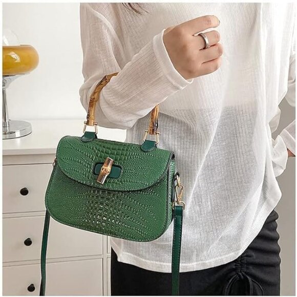 Neiman Marcus Bamboo Handle Crocodile Print Top Handle Bag - Picture 6 of 7